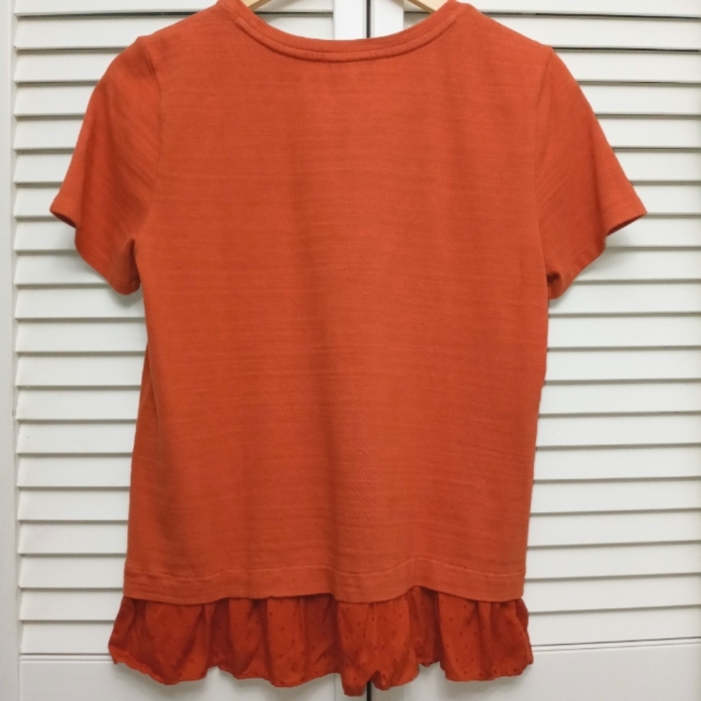 NWT Loft Burnt Orange Ruffle Hem Mixed Media Short Sleeve Top S - Picture 3 of 8
